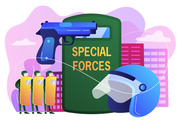 Tiny people special military unit with equipment conducts operation. Special military forces, special operations, modern military equipment concept. Bright vibrant violet vector isolated illustration