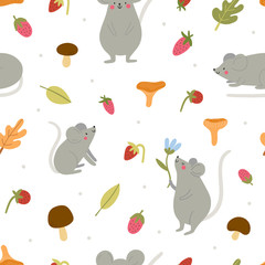 Super cute texture with grey mouse and forest elements: mushrooms, leaves, wild strawberries, flowers.