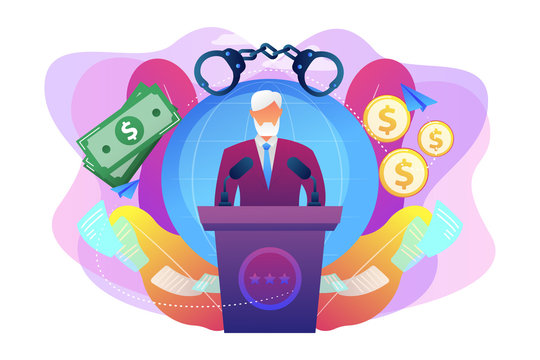 Deceitful politician speaking from tribune, corruption in politics. Political corruption, bribery and tax offence, governmental corruption concept. Bright vibrant violet vector isolated illustration