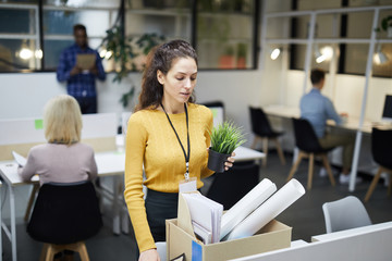 : Fired employee: sad young woman with curly hair packing office stuff while leaving office, she putting potted plant into box - obrazy, fototapety, plakaty