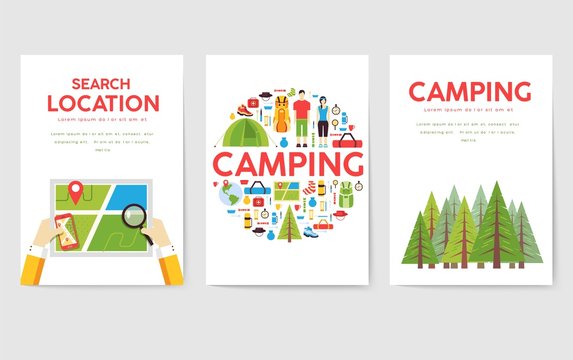 Camping trip cards set. Hiking template of flyear, magazines, posters, book cover, banners. Trave tourl infographic concept background. Layout illustrations template pages with typography text