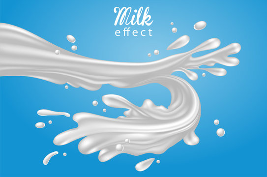 Spun a jet of white milk with splashes and drops on a blue background. 3D vector. High detailed realistic illustration