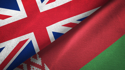 United Kingdom and Belarus two flags textile cloth, fabric texture