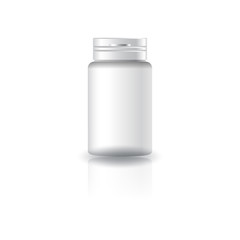 Blank white cylinder supplements, medicine bottle with cap lid for beauty or healthy product. Isolated on white background with reflection shadow. Ready to use for package design. Vector illustration.