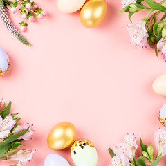 Naklejka na ściany i meble Festive Happy Easter background with decorated eggs, flowers, candy and ribbons in pastel colors on pink. Copy space