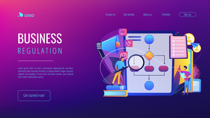 Businessmen with magnifier looking at business process flow chart. Business rules and regulation, main company policy, IT business analysis concept. Website vibrant violet landing web page template.