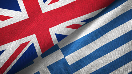 United Kingdom and Greece two flags textile cloth, fabric texture