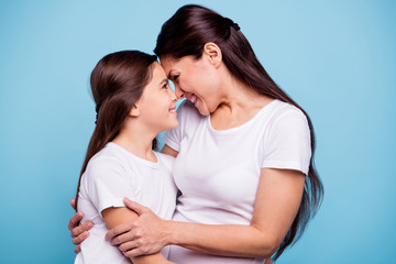 Close up photo adorable amazing pretty two people brown haired mum small little daughter stand...
