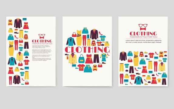 Clothes vector brochure cards set. Print art template of flyear, magazines, posters, book cover, banners. Colorful design invitation concept background. Layout shop illustrations modern page