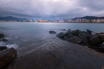 Hondarribia town at the east basque coast on the Txingudi bat with the Bidasoa river next to Irun and Hendaia, Basque Country.