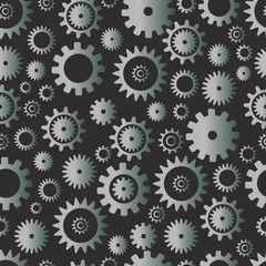 Cogwheel seamless pattern, silver color gradient. Metallic grunge background.Techno vector pattern. Texture with different gear wheels.