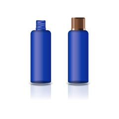 Blank blue cosmetic round bottle with grooved copper lid for beauty or healthy product. Isolated on white background with reflection shadow. Ready to use for package design. Vector illustration.