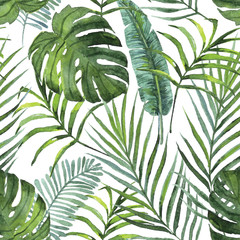 hand drawn tropical plants leaves and flowers seamless pattern. watercolor illustrtation - obrazy, fototapety, plakaty