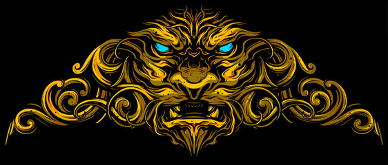 Graphic detailed decorative golden lion head with ornate. On black background. Vector icon.