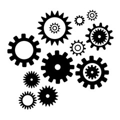 Set cogwheel silhouette pattern, isolated white color background. Techno vector pattern. Collection with from different gear wheels.