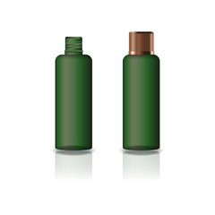 Blank green cosmetic round bottle with grooved copper lid for beauty or healthy product. Isolated on white background with reflection shadow. Ready to use for package design. Vector illustration.