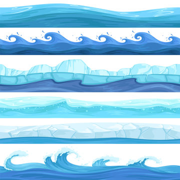 Water Game Seamless. Surface Liquid Ocean River Waves Bubbles Underwater Vector Pattern. Illustration Of Sea And Ocean Game, Ice Surface Wave