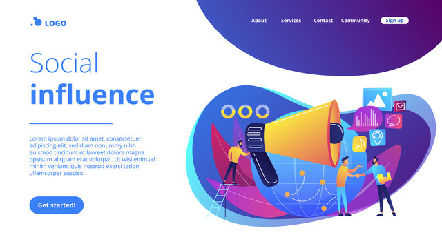 Marketing specialist with loudspeaker influence businessmen and globe. Macromarketing, social influence, global marketing strategy concept. Website vibrant violet landing web page template.