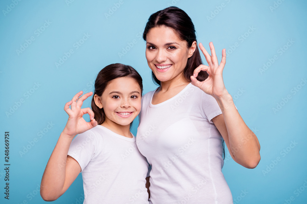 Sticker close up photo beautiful two people brown haired mom little daughter hugging best friends look simil