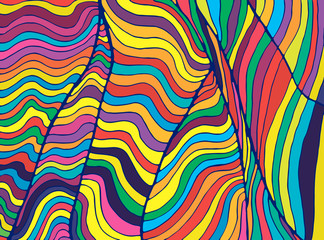 Fototapeta premium Psychedelic colorful waves. Fantastic art with decorative texture. Surreal doodle pattern. Rainbow abstract pattern, maze wave of ornaments. Vector hand drawn illustration.