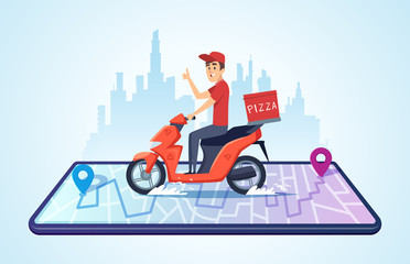 Pizza motorbike delivery. Urban landscape with food courier driving bike fast delivery vector concept. Illustration of motorbike delivery, fast service deliver