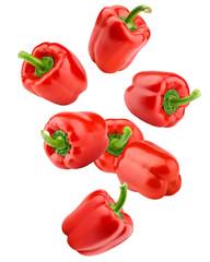 Falling sweet pepper, paprika, isolated on white background, clipping path, full depth of field