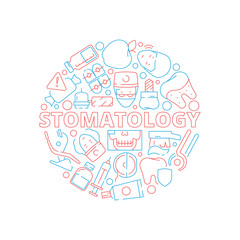 Dental icons set. Circle shape with stomatology teeth veneers orthodontics symbols vector concept. Dental implant, protect equipment illustration
