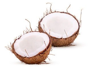 Two freshly coconut in shell cut in half