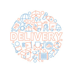 Logistic concept. Global delivery cargo service shipment thin line vector icon in circle shape. Illustration of delivery logistic, loading and delivering service