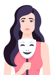 The girl is crying and holding a smiling mask. Depression and melancholy. Vector flat illustration
