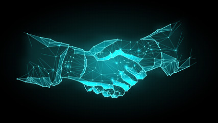 Abstract virtual Hand shake the circle interface on green cyberspace background with low-poly, polygon and triangle. Wireframe light connection structure vector