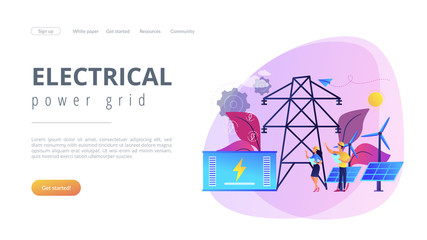 Battery energy storage from renewable solar and wind power station. Energy storage, energy collection methods, electrical power grid concept. Website vibrant violet landing web page template.