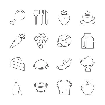 Food icon. Cuisine products menu and kitchen items vegetables fruits bread vector thin line pictures. Illustration of dinner food, cheese and tea, vegetable and nutrition