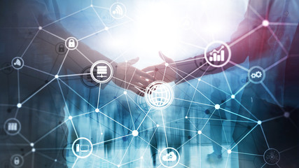 ICT - information and telecommunication technology and IOT - internet of things concepts. Diagrams with icons on server room backgrounds.