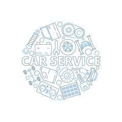 Car service background. Mechanical automobile parts in circle shape starter engine gear garage vector thin symbols Illustration of automobile service badge with icons tools and spare part