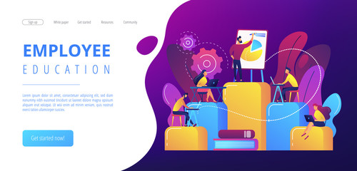 Employees with laptops learning at professional trainig. Internal education, employee education, professional development program concept. Website vibrant violet landing web page template.
