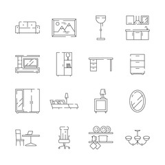 Furniture icon. Desk office and home chair table bed workplace tools for room vector thin line symbols. Illustration of office furniture desk, chair and sofa, armchair and lamp