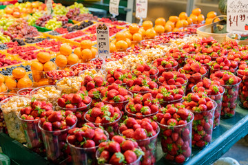 Close up shot of fresh cup fruits, Strawberry in Atwater Market