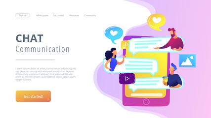 Tablet with users communicating and speech bubbles. Global internet communication, social media and network technology, chat, message and forum concept, violet palette. Website landing web page.