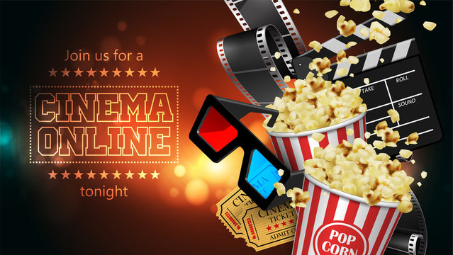 Advertising for the film industry. Film, popcorn, glasses and tickets. 3D vector. High detailed realistic illustration