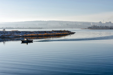 Angara River embankment in Irkutsk, misty weather. In sunny day