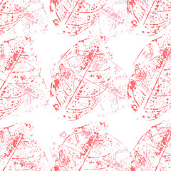 Seamless pattern with stamp red leaf on white background. Endless texture for nature design. Floral coral color print. Imprint of leaves. Textile design. Vector illustration