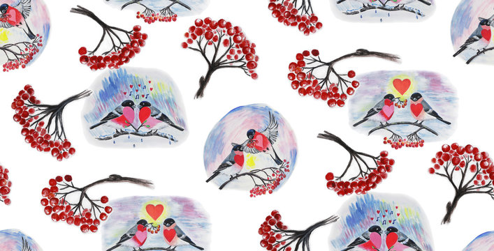 Seamless Pattern on a Love/Romantic theme. Birds and rowan