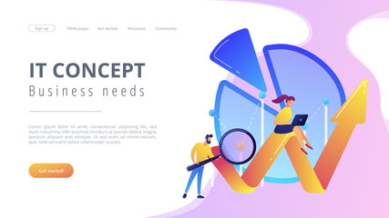 People recording analytics data of the IT project identifying business needs and determining solutions to business problems. Business analysis IT concept. Website landing web page template.