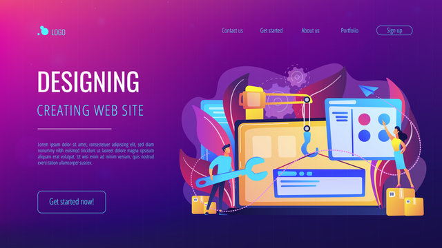 It professionals are creating web site on the laptop screen. Website development or web application, coding, designing for web browsers concept. Violet palette. Website landing web page template.