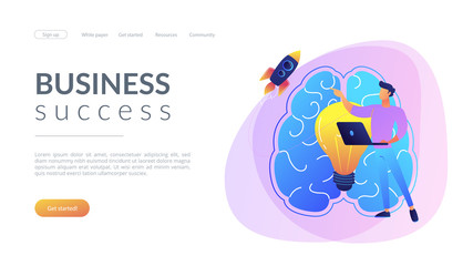 A man in workplace with laptop, big light bulb, rocket and human brain. Idea, start up launching, business success, brainstorm concept, violet palette. Website landing web page template.