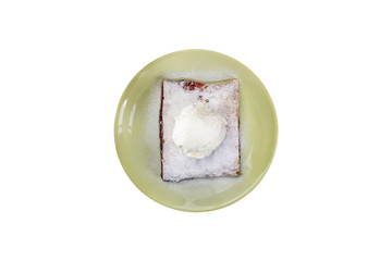 Strudel with cherry , served on the ceramic plate with the ice cream.