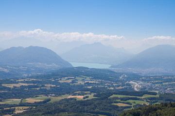 Altitude Panorama over Annecy Lake and French  Haute Savoie Valley on a Sunny Summer Day