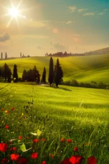 Deurstickers lente landbouwgrond en landweg  toscaanse platteland glooiende heuvels © Konstiantyn