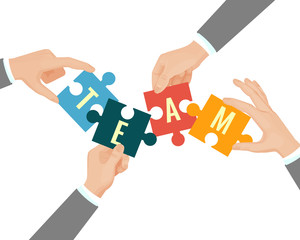 Concept with hands and puzzles. Flat background with Teamwork businessman. Hand holding part of puzzle. Vector